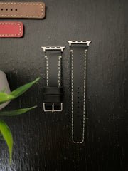 Black Leather Ivory Thread Full Stitch Style Straps for Apple Watch + Black Leather Ivory Thread Case Combo For Iphone All Models | ZINOSKINS
