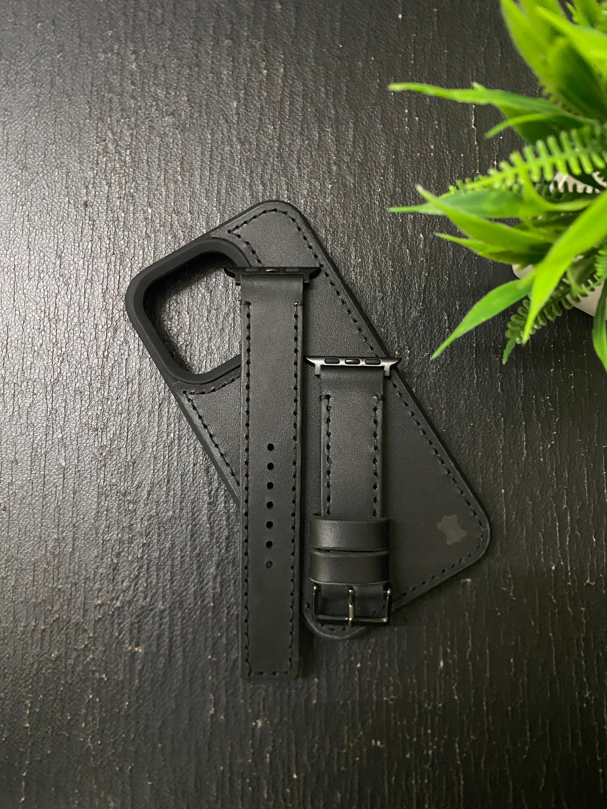 Black Leather Black Thread Full Stitch Style Straps for Apple Watch + Black Leather Black Thread Case Combo For Iphone All Models | ZINOSKINS