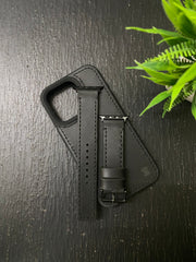 Black Leather Black Thread Full Stitch Style Straps for Apple Watch + Black Leather Black Thread Case Combo For Iphone All Models | ZINOSKINS