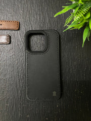 Black Leather Black Thread Full Stitch Style Straps for Apple Watch + Black Leather Black Thread Case Combo For Iphone All Models | ZINOSKINS