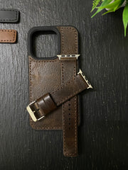 Brown Crunch Leather With Brown Thread Full Stitch Style Straps for Apple Watch + Same Color Leather Case For Iphone All Models | ZINOSKINS