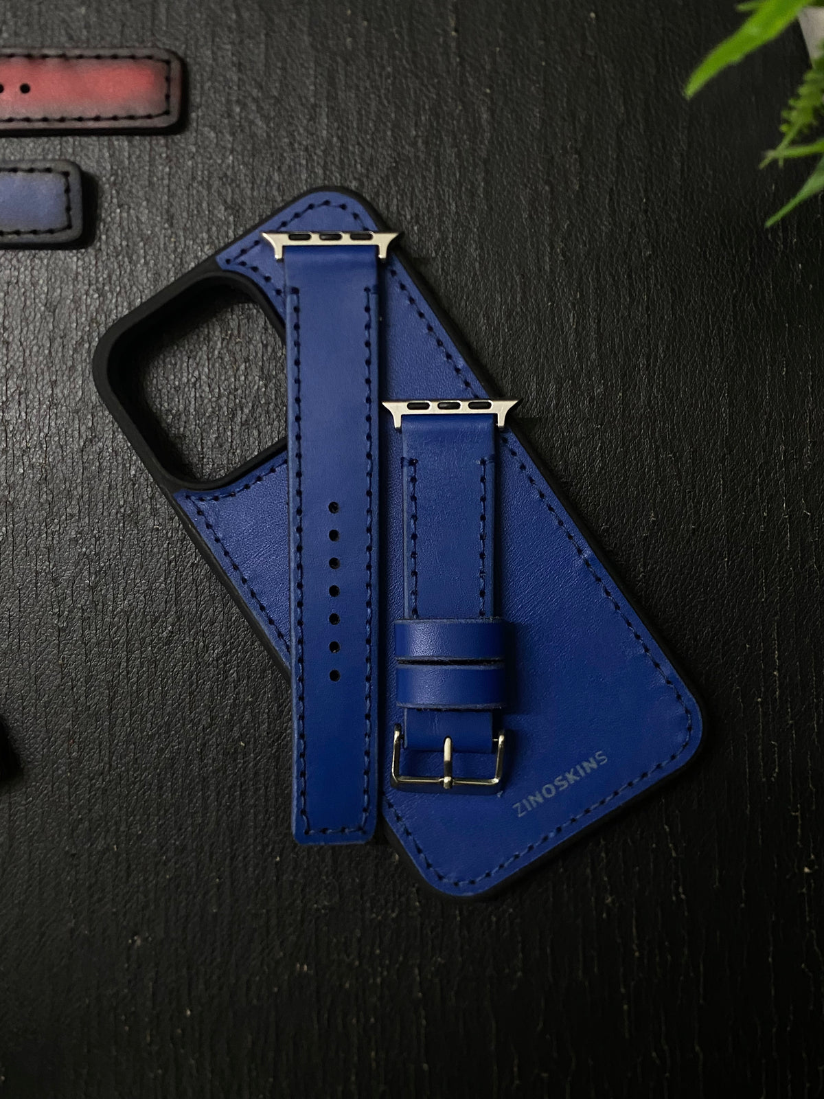 Blue Leather With Blue Thread Full Stitch Style Straps for Apple Watch + Same Color Leather Case For Iphone All Models | ZINOSKINS