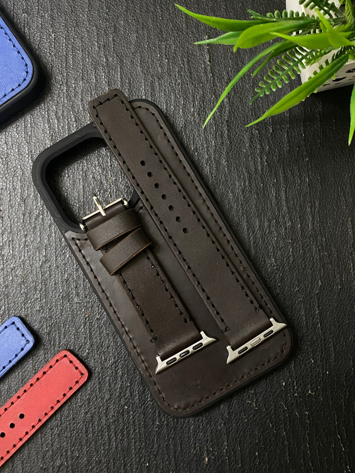 Dark Brown Leather Full Stitch Style With Brown Thread Straps for Apple Watch + Same Leather Case for Iphone All Models | ZINOSKINS