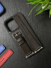 Dark Brown Leather Full Stitch Style With Brown Thread Straps for Apple Watch + Same Leather Case for Iphone All Models | ZINOSKINS