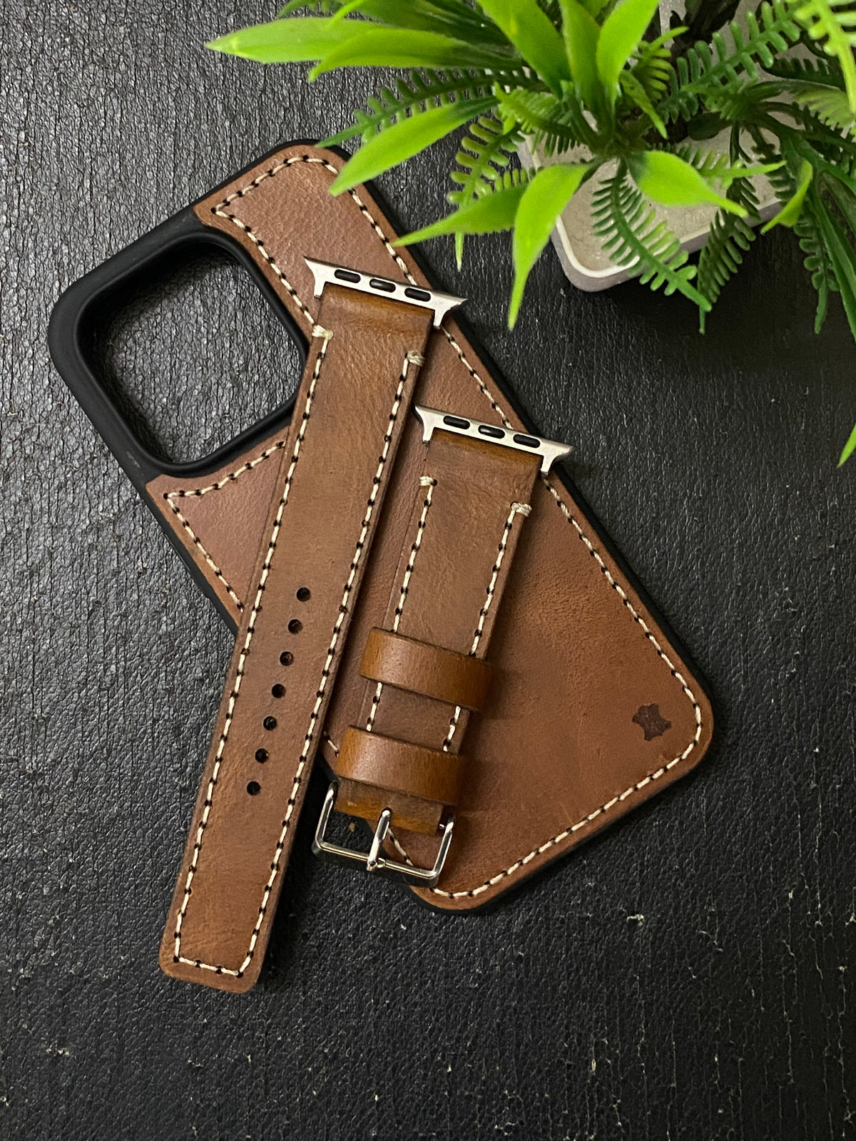 Tan Leather Full Stitch Style Straps for Apple Watch + Same Color Full Stitch Style Leather Case for Iphone All Models | ZINOSKINS