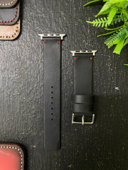Black Leather with Red Stitch Simple Style Straps for Apple Watch + Same Color Full Stitch Style Leather Case for Iphone All Models | ZINOSKINS