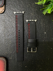 Black Leather with Red Stitch Parallel Style Straps for Apple Watch + Same Color Full Stitch Style Leather Case for Iphone All Models | ZINOSKINS