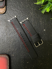 Black Leather with Red Stitch Parallel Style Straps for Apple Watch + Same Color Full Stitch Style Leather Case for Iphone All Models | ZINOSKINS