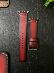 Red Edge Tone Leather Simple Style Straps for Apple Watch + Same Color Full Stitch Style Leather Case for Iphone All Models | ZINOSKINS