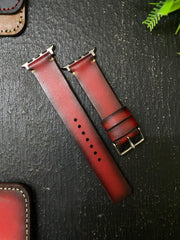 Red Edge Tone Leather Simple Style Straps for Apple Watch + Same Color Full Stitch Style Leather Case for Iphone All Models | ZINOSKINS
