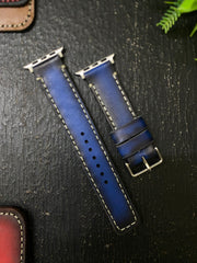 Blue Edge Tone Leather Full Stitch Style Straps for Apple Watch + Same Color Full Stitch Style Leather Case for Iphone All Models | ZINOSKINS