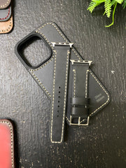 Black Leather with White Stitch Full Stitch Style Straps for Apple Watch + Same Color Full Stitch Style Leather Case for Iphone All Models | ZINOSKINS