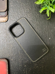 Black Leather with White Stitch Simple Style Straps for Apple Watch + Same Color Full Stitch Style Leather Case for Iphone All Models | ZINOSKINS