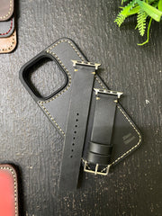 Black Leather with White Stitch Simple Style Straps for Apple Watch + Same Color Full Stitch Style Leather Case for Iphone All Models | ZINOSKINS