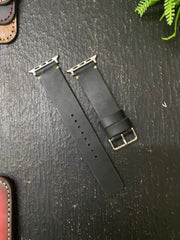Black Leather with White Stitch Simple Style Straps for Apple Watch + Same Color Full Stitch Style Leather Case for Iphone All Models | ZINOSKINS