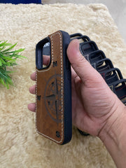 Leather Case for iPhone 14 Plus Back Cover With Vintage Tan Color Compass Engrave plus Cut Art | ZINOSKINS