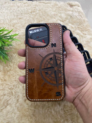 Leather Case for iPhone 14 Plus Back Cover With Vintage Tan Color Compass Engrave plus Cut Art | ZINOSKINS