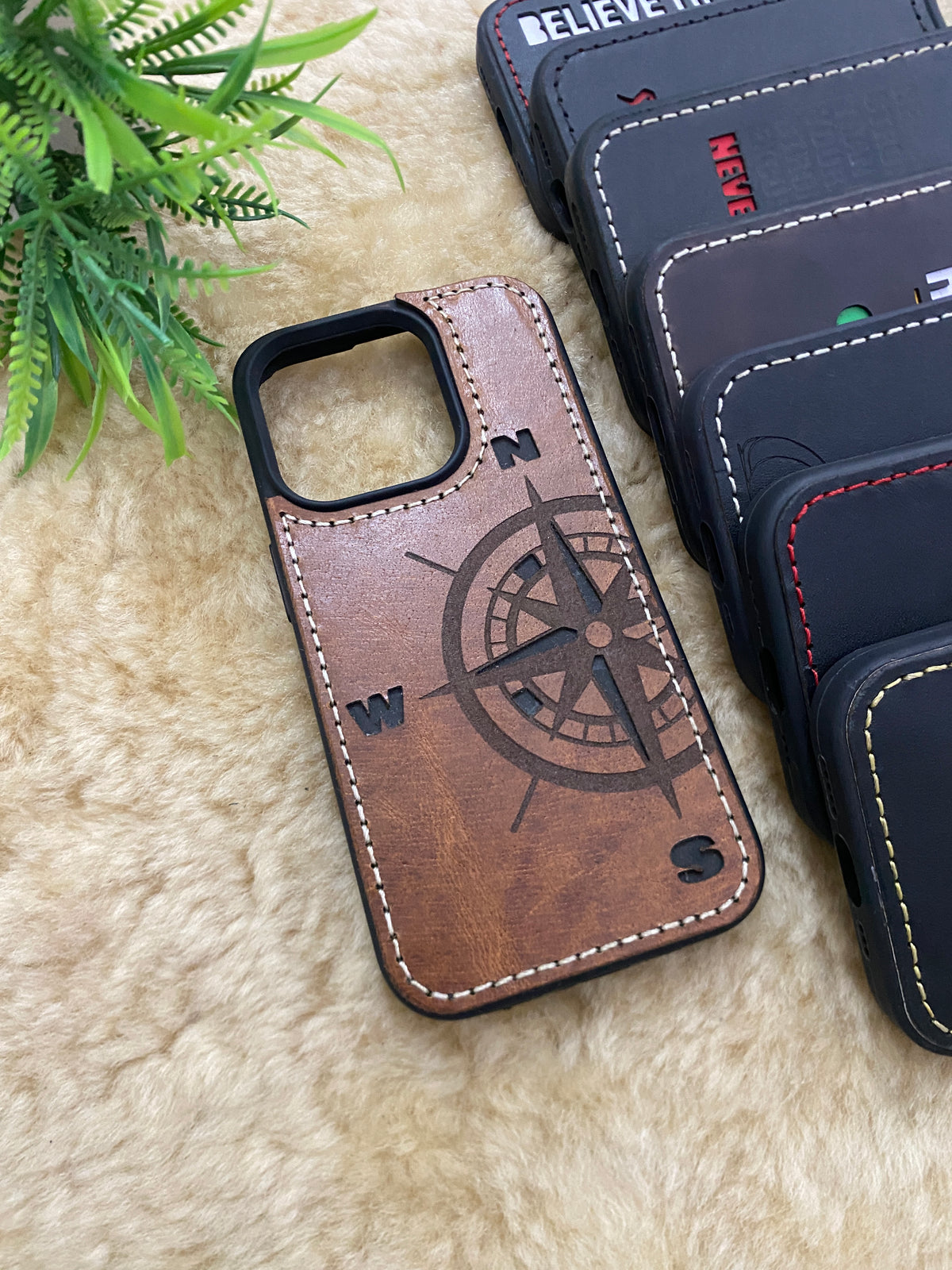 Leather Case for iPhone 14 Plus Back Cover With Vintage Tan Color Compass Engrave plus Cut Art | ZINOSKINS