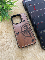 Leather Case for iPhone 14 Plus Back Cover With Vintage Tan Color Compass Engrave plus Cut Art | ZINOSKINS