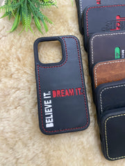Black Leather Red Full Stitch Style Straps for Apple Watch + Same Color Dream it Believe it Leather Case for Iphone All Models | ZINOSKINS