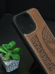 Web Superhero Inspired Leather Phone Case | Handcrafted for iPhone 11–16 Pro Max