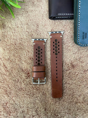 COMBO Tan Leather Strap N Band Style Band for Apple Watch + Same Color Leather Wallet Handmade | ZINOSKINS