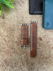 COMBO Tan Color Leather Strap Parallel Style Band for Apple Watch + Same Color Leather Wallet Handmade | ZINOSKINS