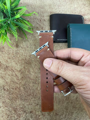 COMBO Tan Color Leather Strap Simple Style Band for Apple Watch + Same Color Leather Wallet Handmade | ZINOSKINS