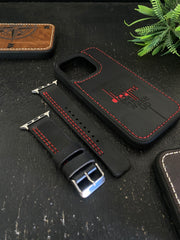 Black Leather Red Parallel Stitch Style Straps for Apple Watch + Same Color the Best Way To Make Your Dream Comes True Leather Case for Iphone All Models | ZINOSKINS