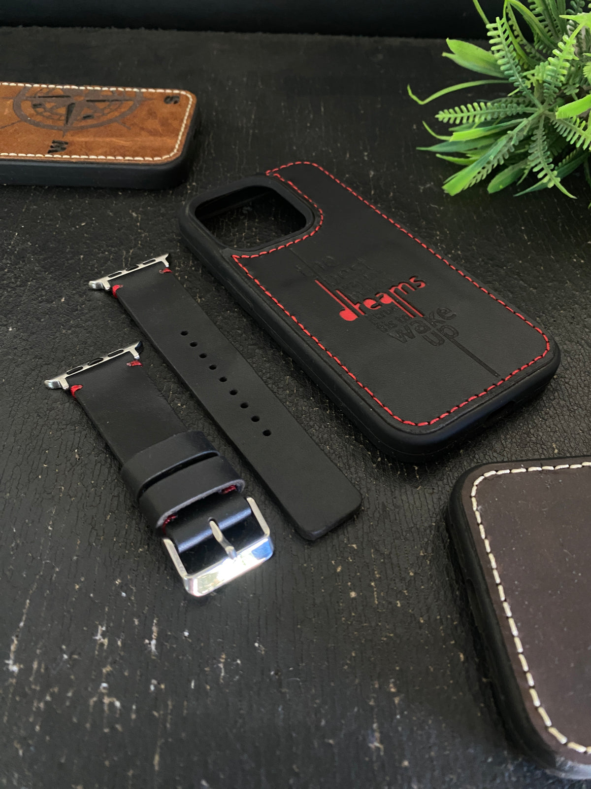 Black Leather Red Simple Stitch Style Straps for Apple Watch + Same Color the Best Way To Make Your Dream Comes True Leather Case for Iphone All Models | ZINOSKINS