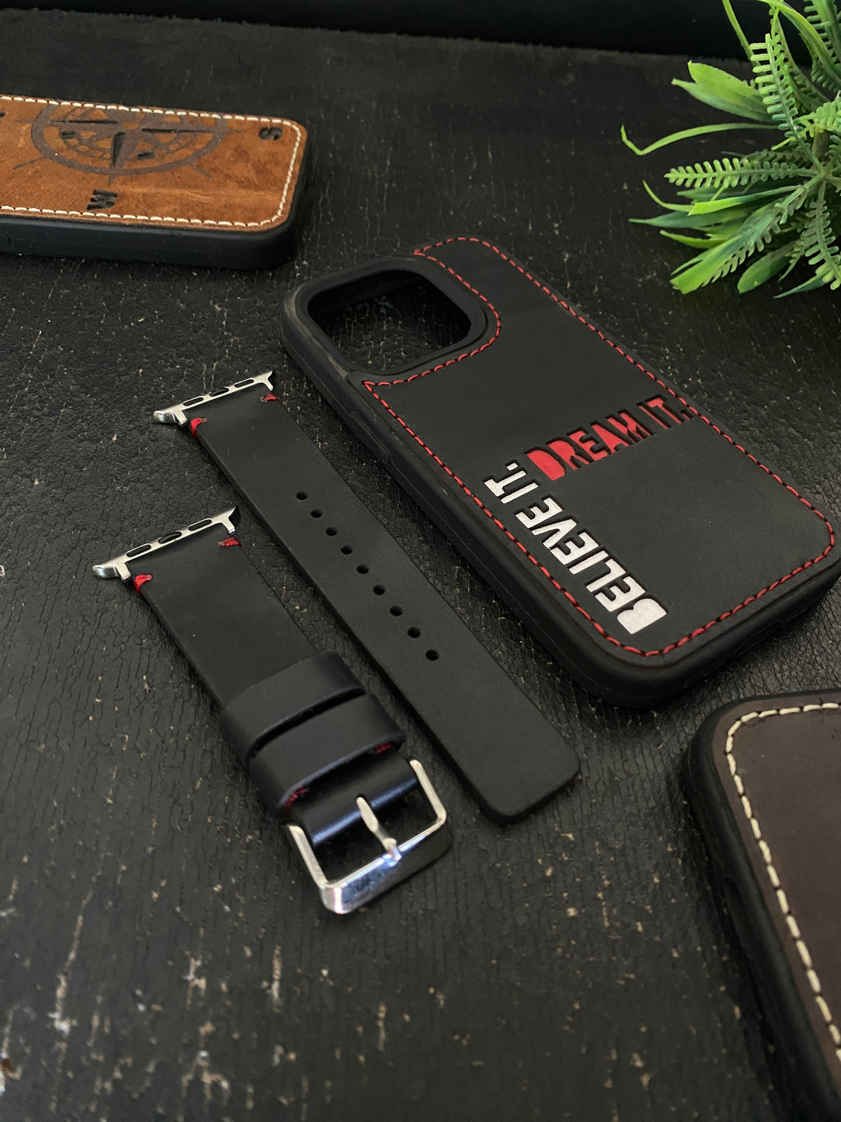 Black Leather Red Simple Style Straps for Apple Watch + Same Color Dream it Believe it Leather Case for Iphone All Models | ZINOSKINS