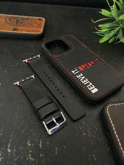 Black Leather Red Simple Style Straps for Apple Watch + Same Color Dream it Believe it Leather Case for Iphone All Models | ZINOSKINS