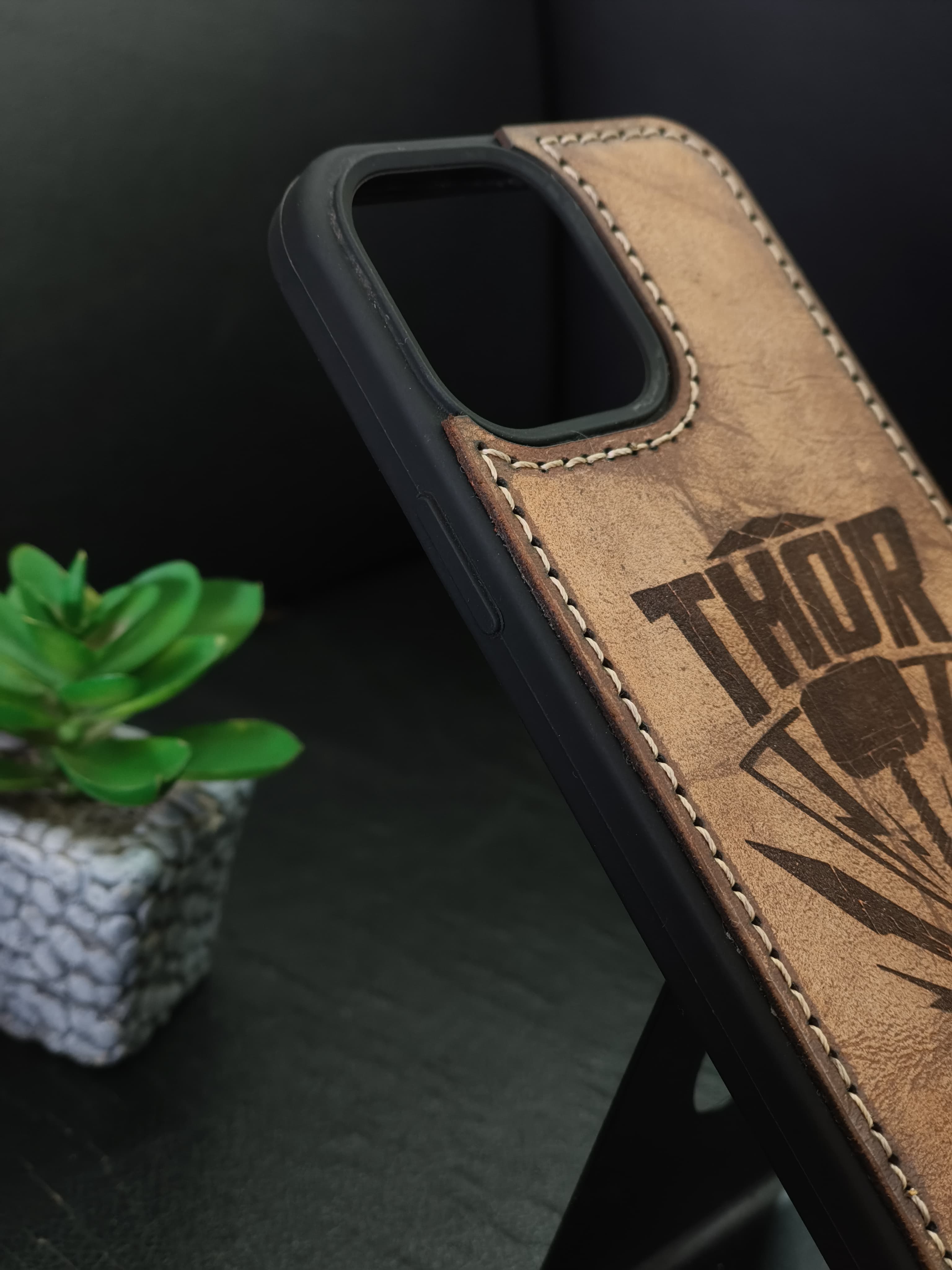 Asgardian Warrior Inspired Leather Phone Case | Engraved Hammer Design | iPhone 11–16 Pro Max