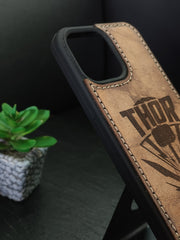 Asgardian Warrior Inspired Leather Phone Case | Engraved Hammer Design | iPhone 11–16 Pro Max