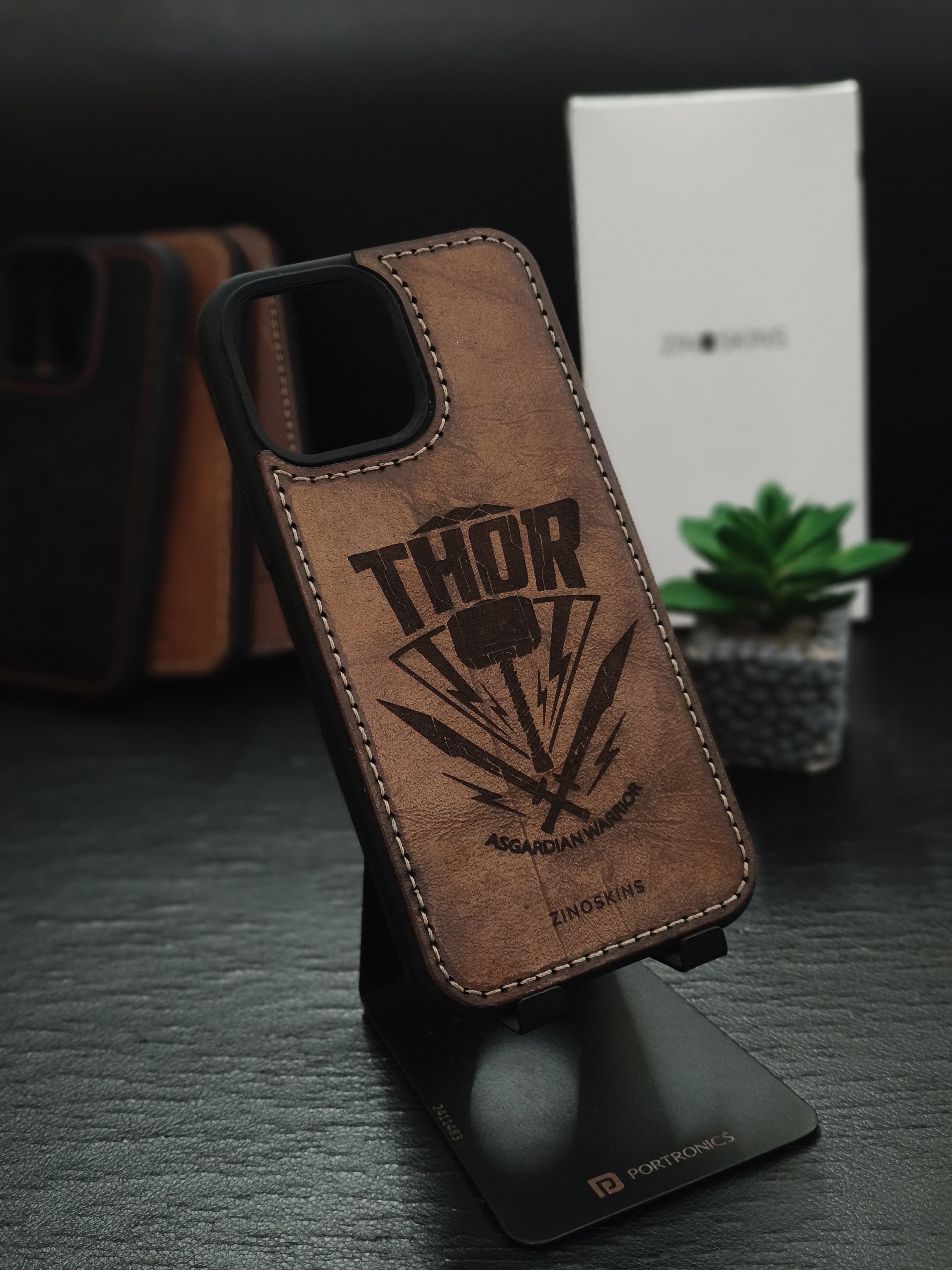 Asgardian Warrior Inspired Leather Phone Case | Engraved Hammer Design | iPhone 11–16 Pro Max