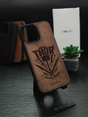 Asgardian Warrior Inspired Leather Phone Case | Engraved Hammer Design | iPhone 11–16 Pro Max