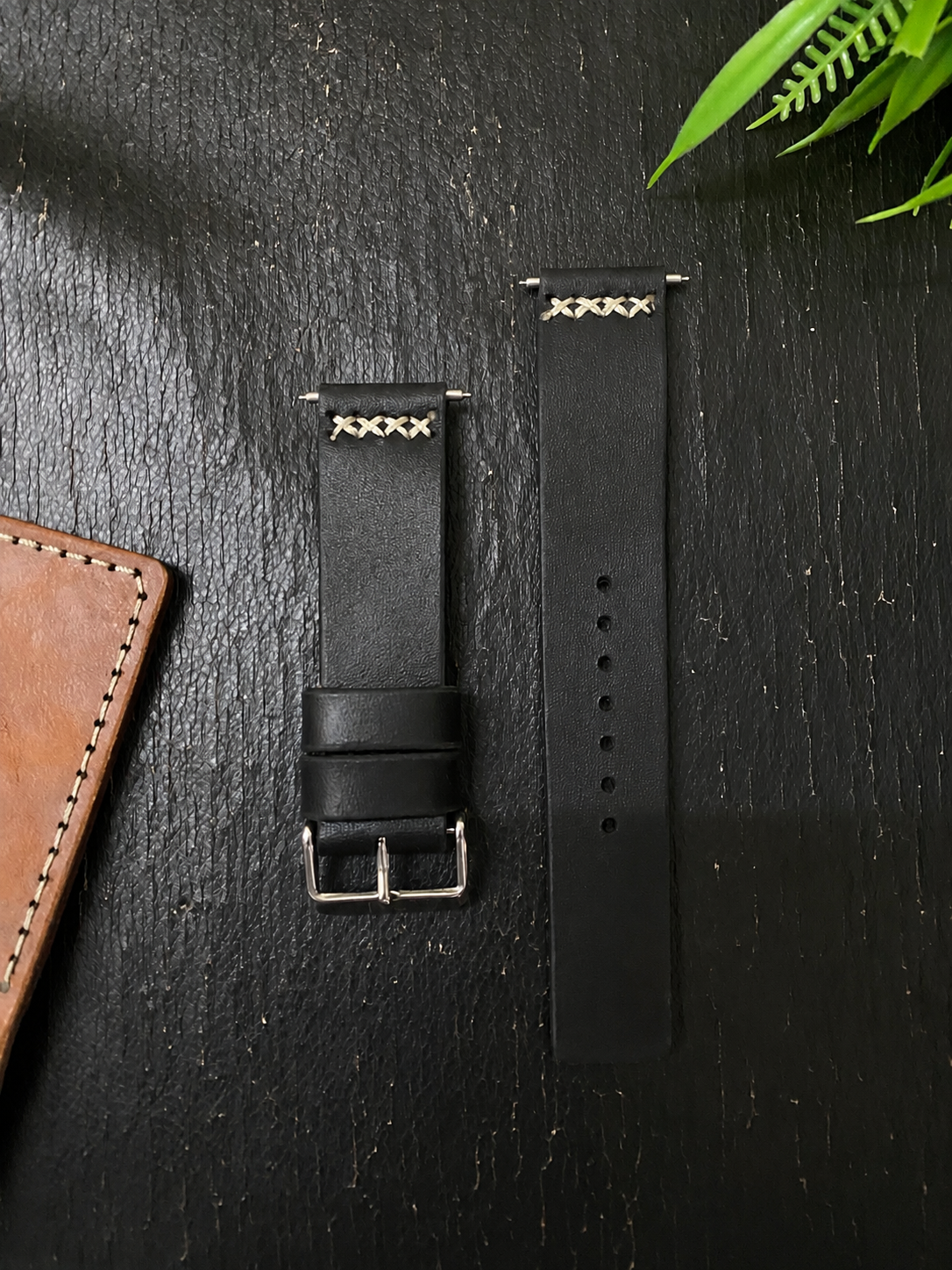 Black Leather Strap Cross Stitch Style Band for Watch | ZINOSKINS