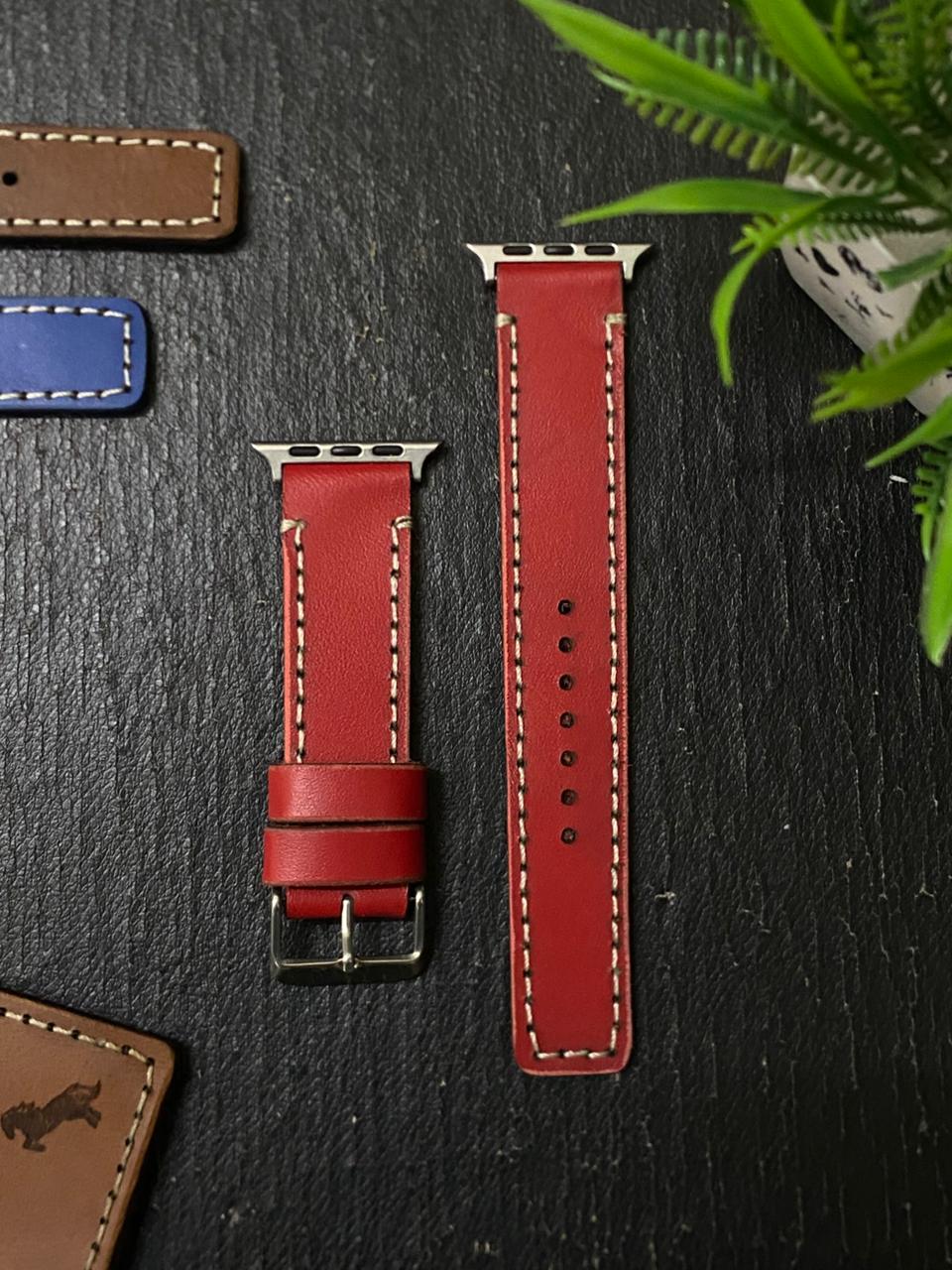 Zinoskins Full-Stitch Premium 100% Real Red Leather Strap Compatible for Apple Watch – Classic Craft Meets Modern Style
