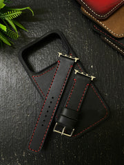 Black Leather with Red Stitch Full Stitch Style Straps for Apple Watch + Same Color Full Stitch Style Leather Case for Iphone All Models | ZINOSKINS