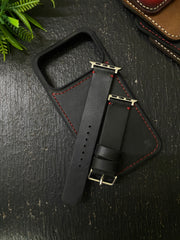 Black Leather with Red Stitch Simple Style Straps for Apple Watch + Same Color Full Stitch Style Leather Case for Iphone All Models | ZINOSKINS