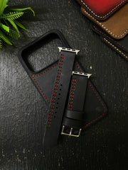 Black Leather with Red Stitch Parallel Style Straps for Apple Watch + Same Color Full Stitch Style Leather Case for Iphone All Models | ZINOSKINS