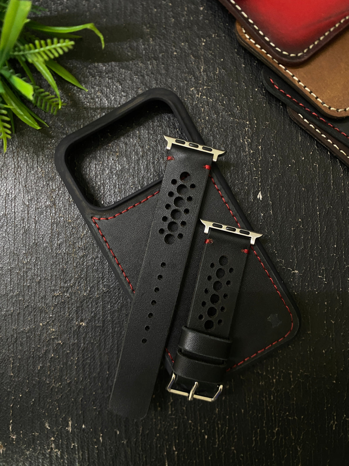 Black Leather with Red Stitch N Band Style Straps for Apple Watch + Same Color Full Stitch Style Leather Case for Iphone All Models | ZINOSKINS