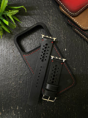 Black Leather with Red Stitch N Band Style Straps for Apple Watch + Same Color Full Stitch Style Leather Case for Iphone All Models | ZINOSKINS