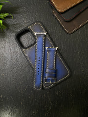 Blue Edge Tone Leather Full Stitch Style Straps for Apple Watch + Same Color Full Stitch Style Leather Case for Iphone All Models | ZINOSKINS