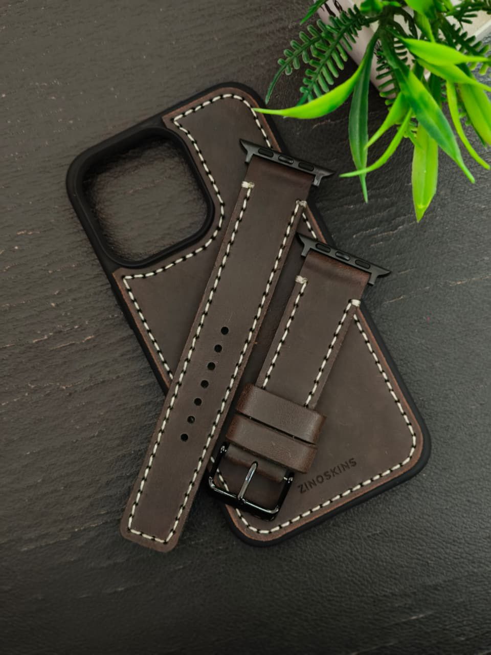 Dark Brown Leather Full Stitch Style Straps for Apple Watch + Same Color Full Stitch Style Leather Case for Iphone All Models | ZINOSKINS