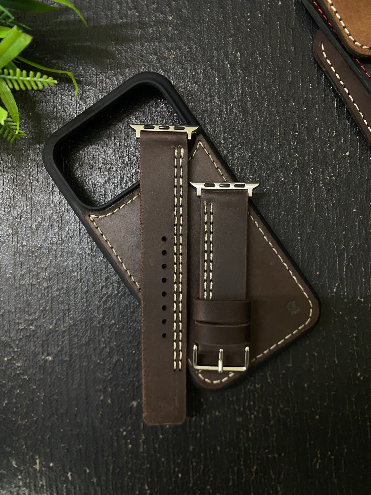 Dark Brown Leather Parallel Stitch Style Straps for Apple Watch + Same Color Full Stitch Style Leather Case for Iphone All Models | ZINOSKINS