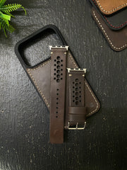 Dark Brown Leather N Band Style Straps for Apple Watch + Same Color Full Stitch Style Leather Case for Iphone All Models | ZINOSKINS
