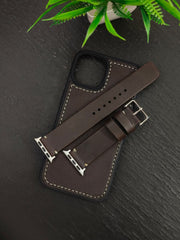 Dark Brown Leather Simple Style Straps for Apple Watch + Same Color Full Stitch Style Leather Case for Iphone All Models | ZINOSKINS