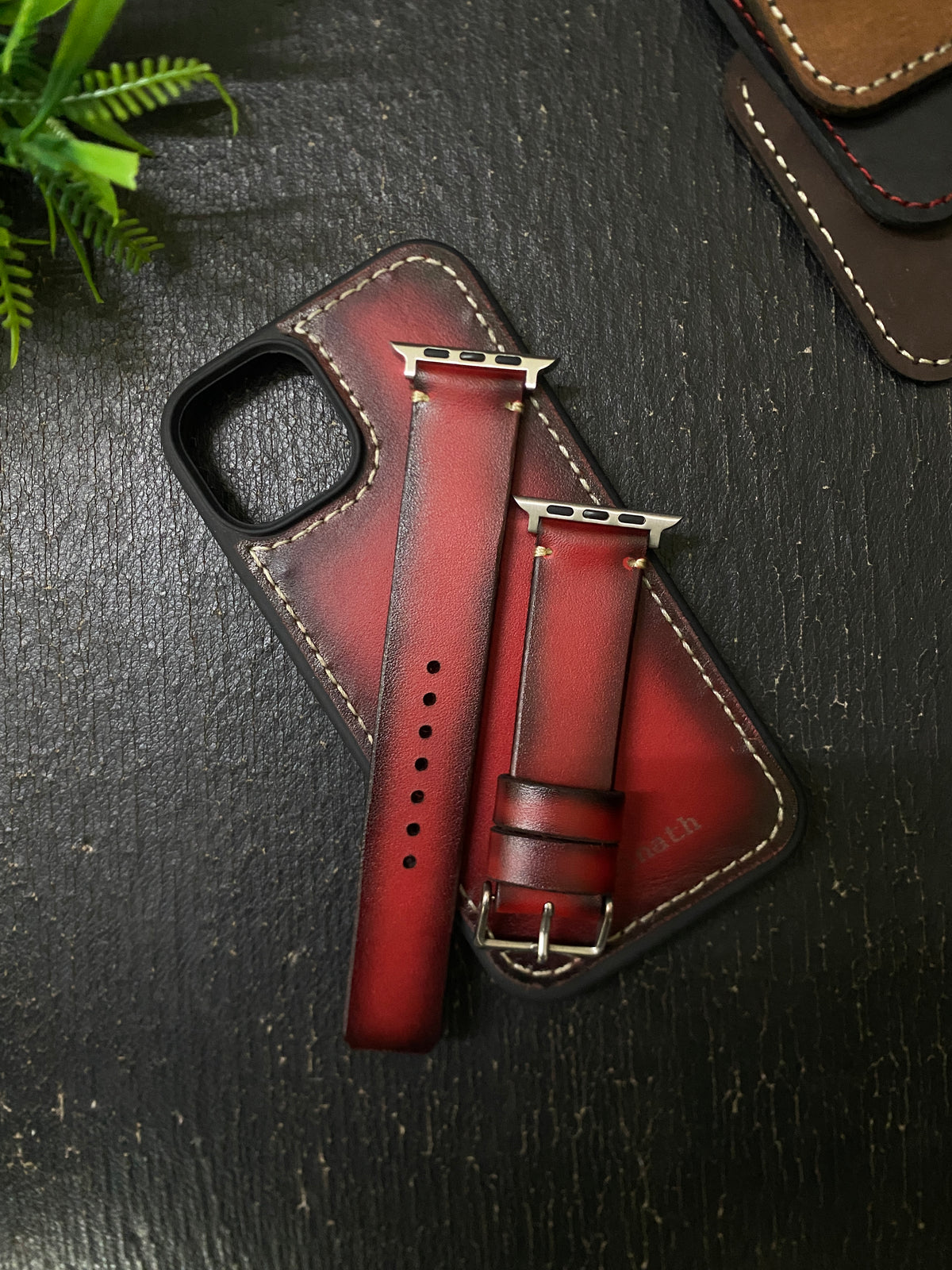 Red Edge Tone Leather Simple Style Straps for Apple Watch + Same Color Full Stitch Style Leather Case for Iphone All Models | ZINOSKINS