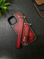 Red Edge Tone Leather Simple Style Straps for Apple Watch + Same Color Full Stitch Style Leather Case for Iphone All Models | ZINOSKINS